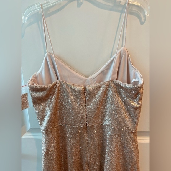 Dessy Collection Spaghetti Strap Flared Skirt Sequin Midi Dress Rose Gold NWOT - Picture 8 of 16